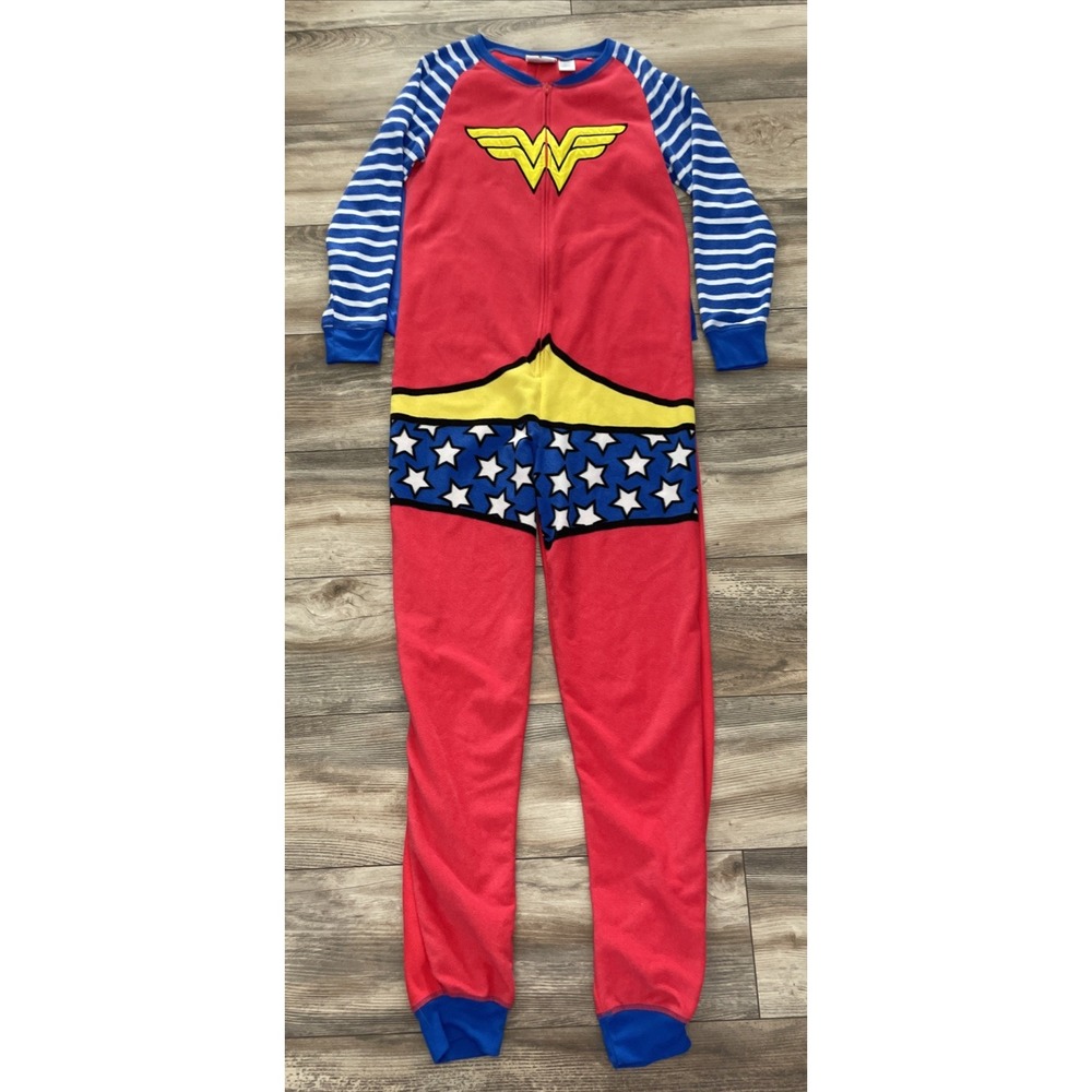Wonder Woman Sleepwear Bodysuit Crown Hooded Cape Zip Pajamas Red Blue Womens S